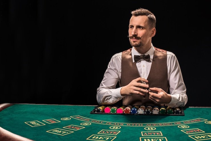 Studio No Commission Baccarat aktor togel dengan dealer profesional, meja hijau, dan kartu yang jelas terlihat dari sudut multi-kamera