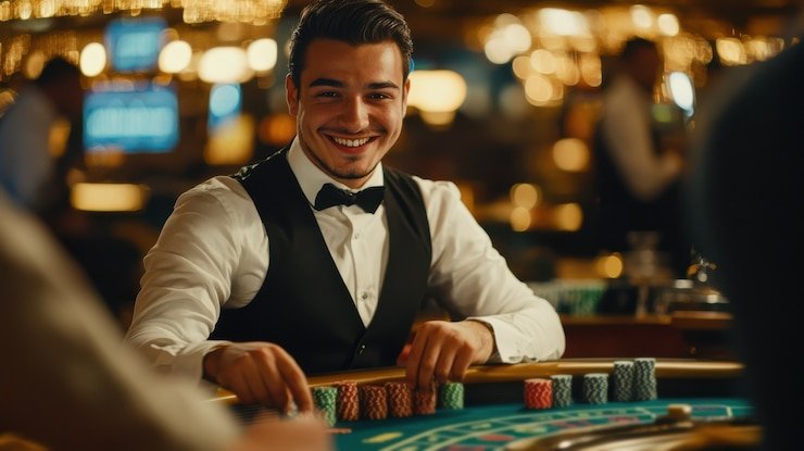 Antarmuka meja No Commission Baccarat aktor togel menampilkan statistik permainan, batas taruhan, dan nama dealer